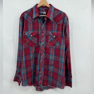 VTG Wrangler Western Plaid Button Down Shirt Pearl Snaps Cowboy Cut X-Long Tails